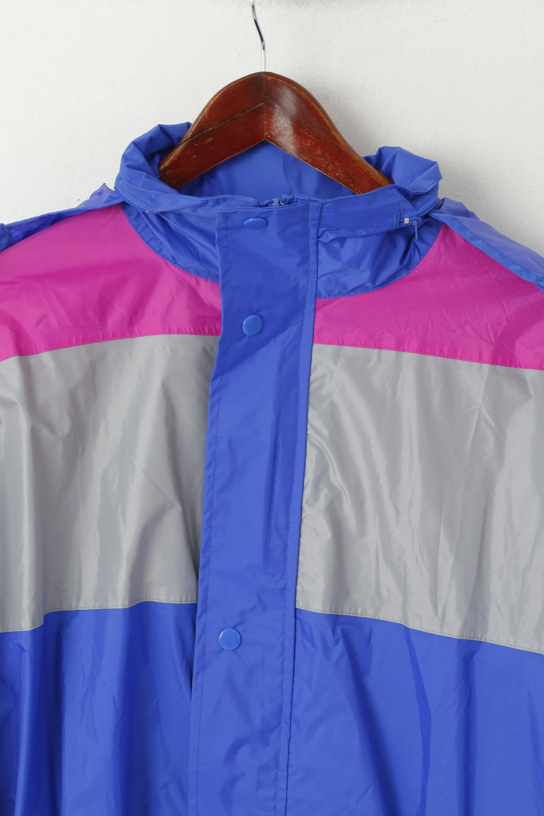 Vintage Men L Jacket Blue Nylon Hooded Lightweight Rainproof Full Zipper Top