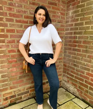 White Cotton Rich Ribbed Collared Top