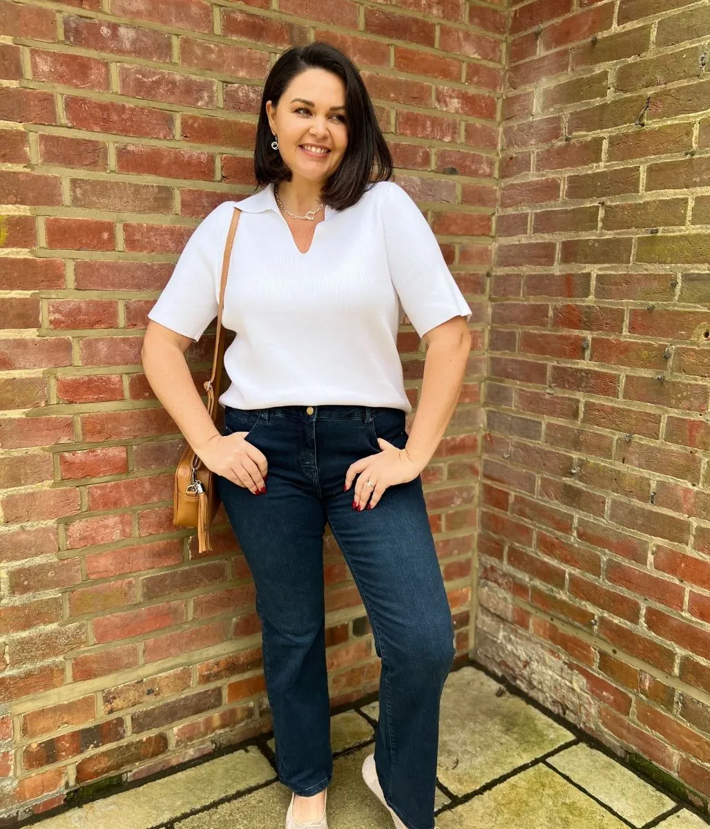 White Cotton Rich Ribbed Collared Top